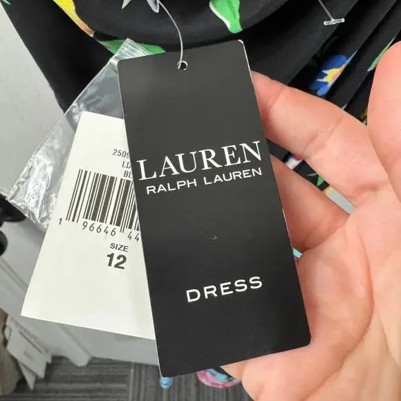 Lauren Ralph Lauren Floral Halter Midi Dress Size 12 – Black Tropical Belted NWT - Picture 9 of 12